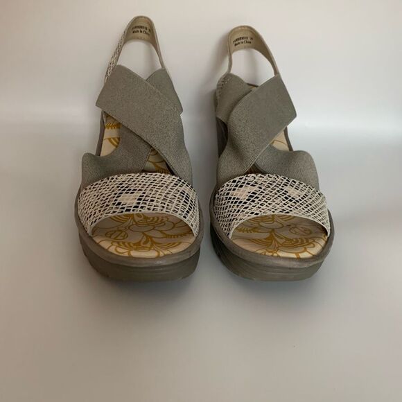 Fly London Yagi Elastic Leather Low Wedge Snake-print Sandal Grey Size 39 - Picture 9 of 12